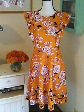 NWT Yathon Woman’s Vintage Ruffle Orange Floral Flared A Line Swing Dress Size L